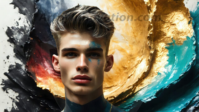 AI-generated abstract art images, featuring sexy, handsome, shirtless men, boys, lads, controlling colorful liquid water. A full-body photograph of a handsome young man with a strong muscular physique, and beautiful eyes. He starts to create a powerful and dynamic swirling vortex of rainbow colored liquid water. The vibrant and colorful water erupts and cascades forward. The fluid is dynamic, multiplying rapidly, and begins to dance in the air. The man, with a playful smile, interacts with the swirling fluids, his hands reaching out to manipulate the circular motion. The scene has a surreal, otherworldly feel, with a dreamlike atmosphere created by volumetric lighting, dramatic shadows, and an impossible color palette.