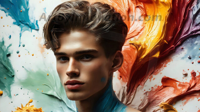 AI-generated abstract art images, featuring sexy, handsome, shirtless men, boys, lads, controlling colorful liquid water. A full-body photograph of a handsome young man with a strong muscular physique, and beautiful eyes. He starts to create a powerful and dynamic swirling vortex of rainbow colored liquid water. The vibrant and colorful water erupts and cascades forward. The fluid is dynamic, multiplying rapidly, and begins to dance in the air. The man, with a playful smile, interacts with the swirling fluids, his hands reaching out to manipulate the circular motion. The scene has a surreal, otherworldly feel, with a dreamlike atmosphere created by volumetric lighting, dramatic shadows, and an impossible color palette.