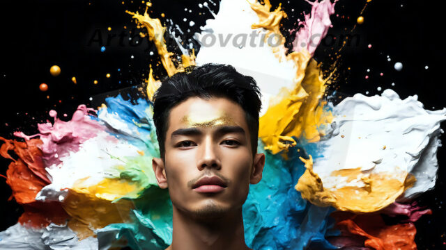 AI-generated abstract art images, featuring sexy, handsome, shirtless men, boys, lads, controlling colorful liquid water. A full-body photograph of a handsome young man with a strong muscular physique, and beautiful eyes. He starts to create a powerful and dynamic swirling vortex of rainbow colored liquid water. The vibrant and colorful water erupts and cascades forward. The fluid is dynamic, multiplying rapidly, and begins to dance in the air. The man, with a playful smile, interacts with the swirling fluids, his hands reaching out to manipulate the circular motion. The scene has a surreal, otherworldly feel, with a dreamlike atmosphere created by volumetric lighting, dramatic shadows, and an impossible color palette.