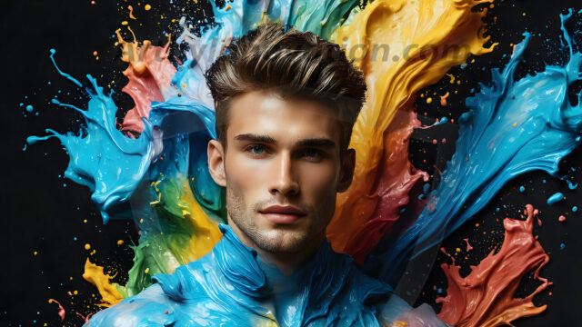 AI-generated abstract art images, featuring sexy, handsome, shirtless men, boys, lads, controlling colorful liquid water. A full-body photograph of a handsome young man with a strong muscular physique, and beautiful eyes. He starts to create a powerful and dynamic swirling vortex of rainbow colored liquid water. The vibrant and colorful water erupts and cascades forward. The fluid is dynamic, multiplying rapidly, and begins to dance in the air. The man, with a playful smile, interacts with the swirling fluids, his hands reaching out to manipulate the circular motion. The scene has a surreal, otherworldly feel, with a dreamlike atmosphere created by volumetric lighting, dramatic shadows, and an impossible color palette.