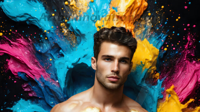 AI-generated abstract art images, featuring sexy, handsome, shirtless men, boys, lads, controlling colorful liquid water. A full-body photograph of a handsome young man with a strong muscular physique, and beautiful eyes. He starts to create a powerful and dynamic swirling vortex of rainbow colored liquid water. The vibrant and colorful water erupts and cascades forward. The fluid is dynamic, multiplying rapidly, and begins to dance in the air. The man, with a playful smile, interacts with the swirling fluids, his hands reaching out to manipulate the circular motion. The scene has a surreal, otherworldly feel, with a dreamlike atmosphere created by volumetric lighting, dramatic shadows, and an impossible color palette.
