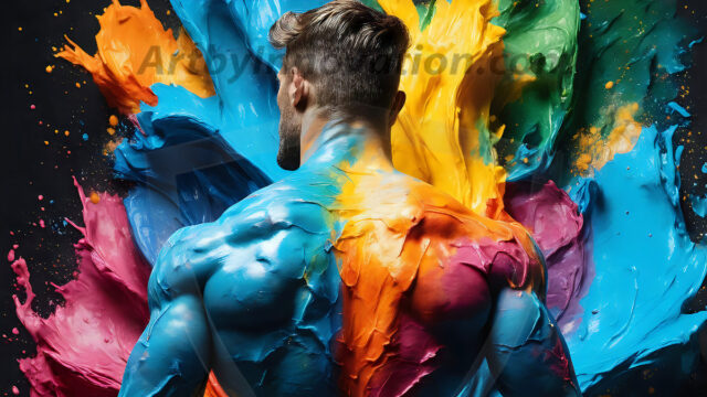 AI-generated abstract art images, featuring sexy, handsome, shirtless men, boys, lads, controlling colorful liquid water. A full-body photograph of a handsome young man with a strong muscular physique, and beautiful eyes. He starts to create a powerful and dynamic swirling vortex of rainbow colored liquid water. The vibrant and colorful water erupts and cascades forward. The fluid is dynamic, multiplying rapidly, and begins to dance in the air. The man, with a playful smile, interacts with the swirling fluids, his hands reaching out to manipulate the circular motion. The scene has a surreal, otherworldly feel, with a dreamlike atmosphere created by volumetric lighting, dramatic shadows, and an impossible color palette.