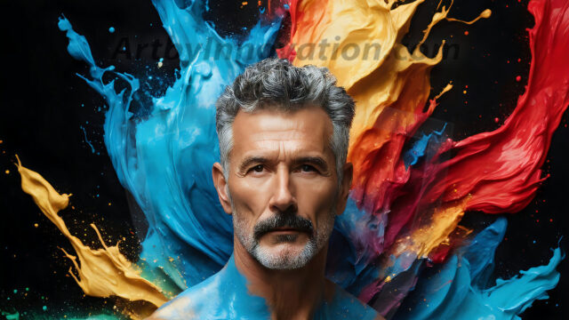 AI-generated abstract art images, featuring sexy, handsome, shirtless men, boys, lads, controlling colorful liquid water. A full-body photograph of a handsome young man with a strong muscular physique, and beautiful eyes. He starts to create a powerful and dynamic swirling vortex of rainbow colored liquid water. The vibrant and colorful water erupts and cascades forward. The fluid is dynamic, multiplying rapidly, and begins to dance in the air. The man, with a playful smile, interacts with the swirling fluids, his hands reaching out to manipulate the circular motion. The scene has a surreal, otherworldly feel, with a dreamlike atmosphere created by volumetric lighting, dramatic shadows, and an impossible color palette.