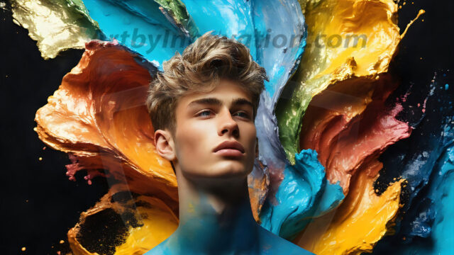 AI-generated abstract art images, featuring sexy, handsome, shirtless men, boys, lads, controlling colorful liquid water. A full-body photograph of a handsome young man with a strong muscular physique, and beautiful eyes. He starts to create a powerful and dynamic swirling vortex of rainbow colored liquid water. The vibrant and colorful water erupts and cascades forward. The fluid is dynamic, multiplying rapidly, and begins to dance in the air. The man, with a playful smile, interacts with the swirling fluids, his hands reaching out to manipulate the circular motion. The scene has a surreal, otherworldly feel, with a dreamlike atmosphere created by volumetric lighting, dramatic shadows, and an impossible color palette.