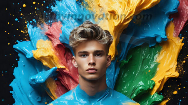 AI-generated abstract art images, featuring sexy, handsome, shirtless men, boys, lads, controlling colorful liquid water. A full-body photograph of a handsome young man with a strong muscular physique, and beautiful eyes. He starts to create a powerful and dynamic swirling vortex of rainbow colored liquid water. The vibrant and colorful water erupts and cascades forward. The fluid is dynamic, multiplying rapidly, and begins to dance in the air. The man, with a playful smile, interacts with the swirling fluids, his hands reaching out to manipulate the circular motion. The scene has a surreal, otherworldly feel, with a dreamlike atmosphere created by volumetric lighting, dramatic shadows, and an impossible color palette.