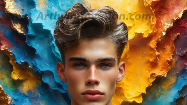 AI-generated abstract art images, featuring sexy, handsome, shirtless men, boys, lads, controlling colorful liquid water. A full-body photograph of a handsome young man with a strong muscular physique, and beautiful eyes. He starts to create a powerful and dynamic swirling vortex of rainbow colored liquid water. The vibrant and colorful water erupts and cascades forward. The fluid is dynamic, multiplying rapidly, and begins to dance in the air. The man, with a playful smile, interacts with the swirling fluids, his hands reaching out to manipulate the circular motion. The scene has a surreal, otherworldly feel, with a dreamlike atmosphere created by volumetric lighting, dramatic shadows, and an impossible color palette.