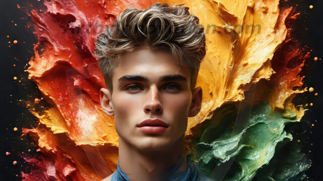 AI-generated abstract art images, featuring sexy, handsome, shirtless men, boys, lads, controlling colorful liquid water. A full-body photograph of a handsome young man with a strong muscular physique, and beautiful eyes. He starts to create a powerful and dynamic swirling vortex of rainbow colored liquid water. The vibrant and colorful water erupts and cascades forward. The fluid is dynamic, multiplying rapidly, and begins to dance in the air. The man, with a playful smile, interacts with the swirling fluids, his hands reaching out to manipulate the circular motion. The scene has a surreal, otherworldly feel, with a dreamlike atmosphere created by volumetric lighting, dramatic shadows, and an impossible color palette.