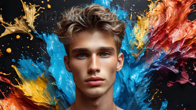 AI-generated abstract art images, featuring sexy, handsome, shirtless men, boys, lads, controlling colorful liquid water. A full-body photograph of a handsome young man with a strong muscular physique, and beautiful eyes. He starts to create a powerful and dynamic swirling vortex of rainbow colored liquid water. The vibrant and colorful water erupts and cascades forward. The fluid is dynamic, multiplying rapidly, and begins to dance in the air. The man, with a playful smile, interacts with the swirling fluids, his hands reaching out to manipulate the circular motion. The scene has a surreal, otherworldly feel, with a dreamlike atmosphere created by volumetric lighting, dramatic shadows, and an impossible color palette.