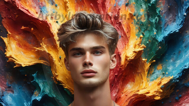 AI-generated abstract art images, featuring sexy, handsome, shirtless men, boys, lads, controlling colorful liquid water. A full-body photograph of a handsome young man with a strong muscular physique, and beautiful eyes. He starts to create a powerful and dynamic swirling vortex of rainbow colored liquid water. The vibrant and colorful water erupts and cascades forward. The fluid is dynamic, multiplying rapidly, and begins to dance in the air. The man, with a playful smile, interacts with the swirling fluids, his hands reaching out to manipulate the circular motion. The scene has a surreal, otherworldly feel, with a dreamlike atmosphere created by volumetric lighting, dramatic shadows, and an impossible color palette.