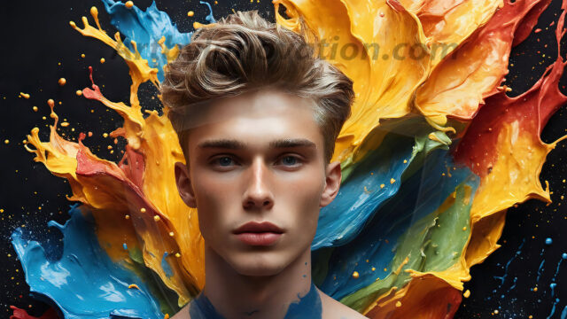 AI-generated abstract art images, featuring sexy, handsome, shirtless men, boys, lads, controlling colorful liquid water. A full-body photograph of a handsome young man with a strong muscular physique, and beautiful eyes. He starts to create a powerful and dynamic swirling vortex of rainbow colored liquid water. The vibrant and colorful water erupts and cascades forward. The fluid is dynamic, multiplying rapidly, and begins to dance in the air. The man, with a playful smile, interacts with the swirling fluids, his hands reaching out to manipulate the circular motion. The scene has a surreal, otherworldly feel, with a dreamlike atmosphere created by volumetric lighting, dramatic shadows, and an impossible color palette.