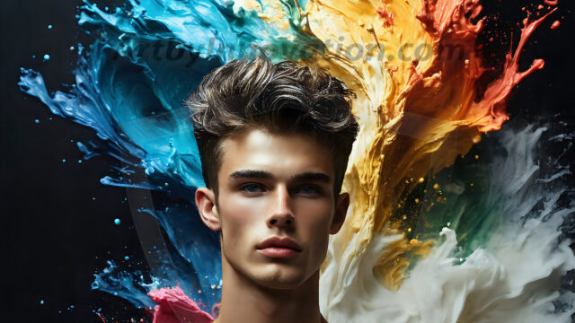AI-generated abstract art images, featuring sexy, handsome, shirtless men, boys, lads, controlling colorful liquid water. A full-body photograph of a handsome young man with a strong muscular physique, and beautiful eyes. He starts to create a powerful and dynamic swirling vortex of rainbow colored liquid water. The vibrant and colorful water erupts and cascades forward. The fluid is dynamic, multiplying rapidly, and begins to dance in the air. The man, with a playful smile, interacts with the swirling fluids, his hands reaching out to manipulate the circular motion. The scene has a surreal, otherworldly feel, with a dreamlike atmosphere created by volumetric lighting, dramatic shadows, and an impossible color palette.