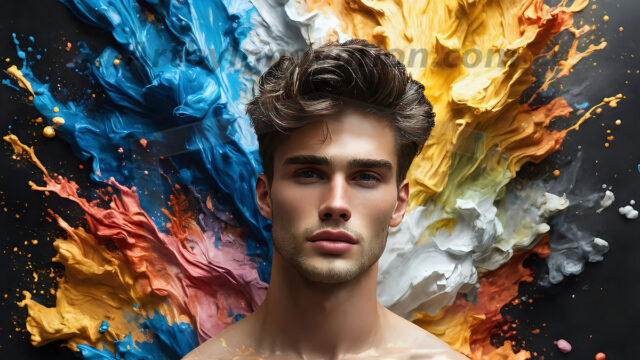 AI-generated abstract art images, featuring sexy, handsome, shirtless men, boys, lads, controlling colorful liquid water. A full-body photograph of a handsome young man with a strong muscular physique, and beautiful eyes. He starts to create a powerful and dynamic swirling vortex of rainbow colored liquid water. The vibrant and colorful water erupts and cascades forward. The fluid is dynamic, multiplying rapidly, and begins to dance in the air. The man, with a playful smile, interacts with the swirling fluids, his hands reaching out to manipulate the circular motion. The scene has a surreal, otherworldly feel, with a dreamlike atmosphere created by volumetric lighting, dramatic shadows, and an impossible color palette.