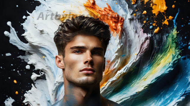 AI-generated abstract art images, featuring sexy, handsome, shirtless men, boys, lads, controlling colorful liquid water. A full-body photograph of a handsome young man with a strong muscular physique, and beautiful eyes. He starts to create a powerful and dynamic swirling vortex of rainbow colored liquid water. The vibrant and colorful water erupts and cascades forward. The fluid is dynamic, multiplying rapidly, and begins to dance in the air. The man, with a playful smile, interacts with the swirling fluids, his hands reaching out to manipulate the circular motion. The scene has a surreal, otherworldly feel, with a dreamlike atmosphere created by volumetric lighting, dramatic shadows, and an impossible color palette.