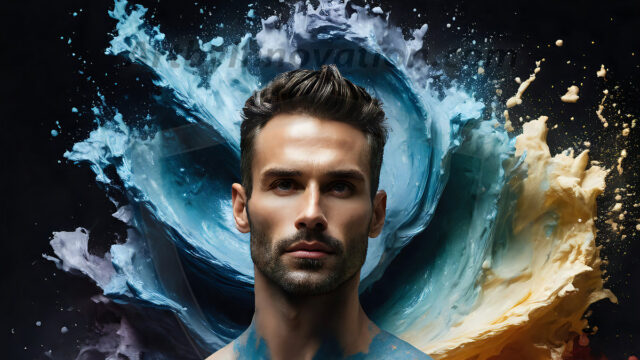 AI-generated abstract art images, featuring sexy, handsome, shirtless men, boys, lads, controlling colorful liquid water. A full-body photograph of a handsome young man with a strong muscular physique, and beautiful eyes. He starts to create a powerful and dynamic swirling vortex of rainbow colored liquid water. The vibrant and colorful water erupts and cascades forward. The fluid is dynamic, multiplying rapidly, and begins to dance in the air. The man, with a playful smile, interacts with the swirling fluids, his hands reaching out to manipulate the circular motion. The scene has a surreal, otherworldly feel, with a dreamlike atmosphere created by volumetric lighting, dramatic shadows, and an impossible color palette.