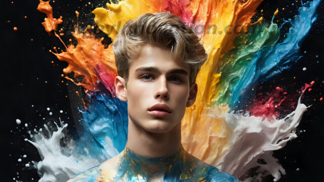 AI-generated abstract art images, featuring sexy, handsome, shirtless men, boys, lads, controlling colorful liquid water. A full-body photograph of a handsome young man with a strong muscular physique, and beautiful eyes. He starts to create a powerful and dynamic swirling vortex of rainbow colored liquid water. The vibrant and colorful water erupts and cascades forward. The fluid is dynamic, multiplying rapidly, and begins to dance in the air. The man, with a playful smile, interacts with the swirling fluids, his hands reaching out to manipulate the circular motion. The scene has a surreal, otherworldly feel, with a dreamlike atmosphere created by volumetric lighting, dramatic shadows, and an impossible color palette.