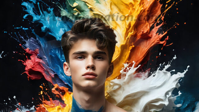 AI-generated abstract art images, featuring sexy, handsome, shirtless men, boys, lads, controlling colorful liquid water. A full-body photograph of a handsome young man with a strong muscular physique, and beautiful eyes. He starts to create a powerful and dynamic swirling vortex of rainbow colored liquid water. The vibrant and colorful water erupts and cascades forward. The fluid is dynamic, multiplying rapidly, and begins to dance in the air. The man, with a playful smile, interacts with the swirling fluids, his hands reaching out to manipulate the circular motion. The scene has a surreal, otherworldly feel, with a dreamlike atmosphere created by volumetric lighting, dramatic shadows, and an impossible color palette.