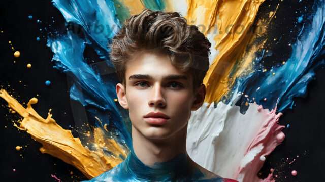 AI-generated abstract art images, featuring sexy, handsome, shirtless men, boys, lads, controlling colorful liquid water. A full-body photograph of a handsome young man with a strong muscular physique, and beautiful eyes. He starts to create a powerful and dynamic swirling vortex of rainbow colored liquid water. The vibrant and colorful water erupts and cascades forward. The fluid is dynamic, multiplying rapidly, and begins to dance in the air. The man, with a playful smile, interacts with the swirling fluids, his hands reaching out to manipulate the circular motion. The scene has a surreal, otherworldly feel, with a dreamlike atmosphere created by volumetric lighting, dramatic shadows, and an impossible color palette.