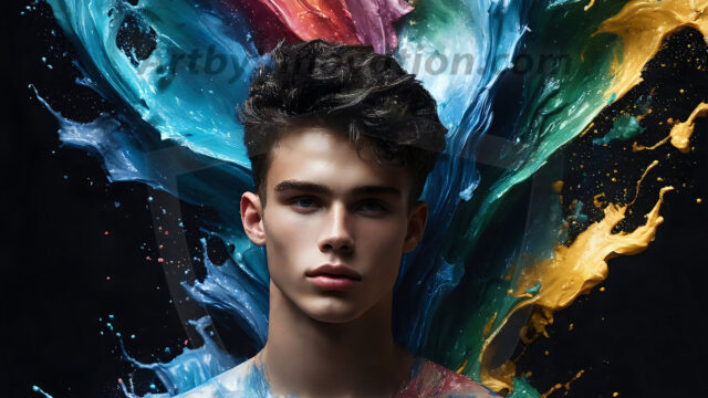 AI-generated abstract art images, featuring sexy, handsome, shirtless men, boys, lads, controlling colorful liquid water. A full-body photograph of a handsome young man with a strong muscular physique, and beautiful eyes. He starts to create a powerful and dynamic swirling vortex of rainbow colored liquid water. The vibrant and colorful water erupts and cascades forward. The fluid is dynamic, multiplying rapidly, and begins to dance in the air. The man, with a playful smile, interacts with the swirling fluids, his hands reaching out to manipulate the circular motion. The scene has a surreal, otherworldly feel, with a dreamlike atmosphere created by volumetric lighting, dramatic shadows, and an impossible color palette.