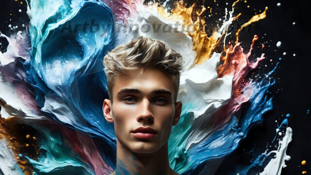 AI-generated abstract art images, featuring sexy, handsome, shirtless men, boys, lads, controlling colorful liquid water. A full-body photograph of a handsome young man with a strong muscular physique, and beautiful eyes. He starts to create a powerful and dynamic swirling vortex of rainbow colored liquid water. The vibrant and colorful water erupts and cascades forward. The fluid is dynamic, multiplying rapidly, and begins to dance in the air. The man, with a playful smile, interacts with the swirling fluids, his hands reaching out to manipulate the circular motion. The scene has a surreal, otherworldly feel, with a dreamlike atmosphere created by volumetric lighting, dramatic shadows, and an impossible color palette.