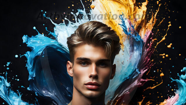 AI-generated abstract art images, featuring sexy, handsome, shirtless men, boys, lads, controlling colorful liquid water. A full-body photograph of a handsome young man with a strong muscular physique, and beautiful eyes. He starts to create a powerful and dynamic swirling vortex of rainbow colored liquid water. The vibrant and colorful water erupts and cascades forward. The fluid is dynamic, multiplying rapidly, and begins to dance in the air. The man, with a playful smile, interacts with the swirling fluids, his hands reaching out to manipulate the circular motion. The scene has a surreal, otherworldly feel, with a dreamlike atmosphere created by volumetric lighting, dramatic shadows, and an impossible color palette.