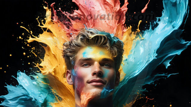 AI-generated abstract art images, featuring sexy, handsome, shirtless men, boys, lads, controlling colorful liquid water. A full-body photograph of a handsome young man with a strong muscular physique, and beautiful eyes. He starts to create a powerful and dynamic swirling vortex of rainbow colored liquid water. The vibrant and colorful water erupts and cascades forward. The fluid is dynamic, multiplying rapidly, and begins to dance in the air. The man, with a playful smile, interacts with the swirling fluids, his hands reaching out to manipulate the circular motion. The scene has a surreal, otherworldly feel, with a dreamlike atmosphere created by volumetric lighting, dramatic shadows, and an impossible color palette.