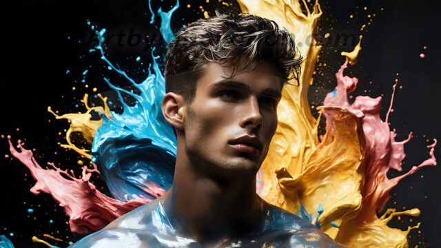 AI-generated abstract art images, featuring sexy, handsome, shirtless men, boys, lads, controlling colorful liquid water. A full-body photograph of a handsome young man with a strong muscular physique, and beautiful eyes. He starts to create a powerful and dynamic swirling vortex of rainbow colored liquid water. The vibrant and colorful water erupts and cascades forward. The fluid is dynamic, multiplying rapidly, and begins to dance in the air. The man, with a playful smile, interacts with the swirling fluids, his hands reaching out to manipulate the circular motion. The scene has a surreal, otherworldly feel, with a dreamlike atmosphere created by volumetric lighting, dramatic shadows, and an impossible color palette.
