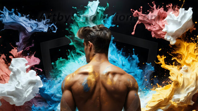 AI-generated abstract art images, featuring sexy, handsome, shirtless men, boys, lads, controlling colorful liquid water. A full-body photograph of a handsome young man with a strong muscular physique, and beautiful eyes. He starts to create a powerful and dynamic swirling vortex of rainbow colored liquid water. The vibrant and colorful water erupts and cascades forward. The fluid is dynamic, multiplying rapidly, and begins to dance in the air. The man, with a playful smile, interacts with the swirling fluids, his hands reaching out to manipulate the circular motion. The scene has a surreal, otherworldly feel, with a dreamlike atmosphere created by volumetric lighting, dramatic shadows, and an impossible color palette.