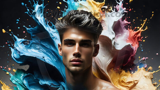 AI-generated abstract art images, featuring sexy, handsome, shirtless men, boys, lads, controlling colorful liquid water. A full-body photograph of a handsome young man with a strong muscular physique, and beautiful eyes. He starts to create a powerful and dynamic swirling vortex of rainbow colored liquid water. The vibrant and colorful water erupts and cascades forward. The fluid is dynamic, multiplying rapidly, and begins to dance in the air. The man, with a playful smile, interacts with the swirling fluids, his hands reaching out to manipulate the circular motion. The scene has a surreal, otherworldly feel, with a dreamlike atmosphere created by volumetric lighting, dramatic shadows, and an impossible color palette.