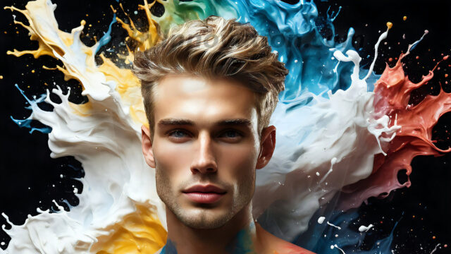 AI-generated abstract art images, featuring sexy, handsome, shirtless men, boys, lads, controlling colorful liquid water. A full-body photograph of a handsome young man with a strong muscular physique, and beautiful eyes. He starts to create a powerful and dynamic swirling vortex of rainbow colored liquid water. The vibrant and colorful water erupts and cascades forward. The fluid is dynamic, multiplying rapidly, and begins to dance in the air. The man, with a playful smile, interacts with the swirling fluids, his hands reaching out to manipulate the circular motion. The scene has a surreal, otherworldly feel, with a dreamlike atmosphere created by volumetric lighting, dramatic shadows, and an impossible color palette.