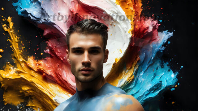 AI-generated abstract art images, featuring sexy, handsome, shirtless men, boys, lads, controlling colorful liquid water. A full-body photograph of a handsome young man with a strong muscular physique, and beautiful eyes. He starts to create a powerful and dynamic swirling vortex of rainbow colored liquid water. The vibrant and colorful water erupts and cascades forward. The fluid is dynamic, multiplying rapidly, and begins to dance in the air. The man, with a playful smile, interacts with the swirling fluids, his hands reaching out to manipulate the circular motion. The scene has a surreal, otherworldly feel, with a dreamlike atmosphere created by volumetric lighting, dramatic shadows, and an impossible color palette.