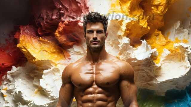 AI-generated abstract art images, featuring sexy, handsome, shirtless men, boys, lads, controlling colorful liquid water. A full-body photograph of a handsome young man with a strong muscular physique, and beautiful eyes. He starts to create a powerful and dynamic swirling vortex of rainbow colored liquid water. The vibrant and colorful water erupts and cascades forward. The fluid is dynamic, multiplying rapidly, and begins to dance in the air. The man, with a playful smile, interacts with the swirling fluids, his hands reaching out to manipulate the circular motion. The scene has a surreal, otherworldly feel, with a dreamlike atmosphere created by volumetric lighting, dramatic shadows, and an impossible color palette.