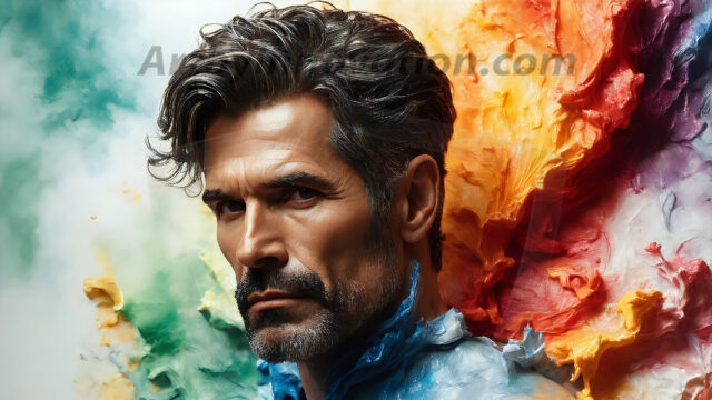 AI-generated abstract art images, featuring sexy, handsome, shirtless men, boys, lads, controlling colorful liquid water. A full-body photograph of a handsome young man with a strong muscular physique, and beautiful eyes. He starts to create a powerful and dynamic swirling vortex of rainbow colored liquid water. The vibrant and colorful water erupts and cascades forward. The fluid is dynamic, multiplying rapidly, and begins to dance in the air. The man, with a playful smile, interacts with the swirling fluids, his hands reaching out to manipulate the circular motion. The scene has a surreal, otherworldly feel, with a dreamlike atmosphere created by volumetric lighting, dramatic shadows, and an impossible color palette.