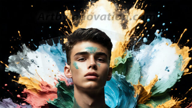 AI-generated abstract art images, featuring sexy, handsome, shirtless men, boys, lads, controlling colorful liquid water. A full-body photograph of a handsome young man with a strong muscular physique, and beautiful eyes. He starts to create a powerful and dynamic swirling vortex of rainbow colored liquid water. The vibrant and colorful water erupts and cascades forward. The fluid is dynamic, multiplying rapidly, and begins to dance in the air. The man, with a playful smile, interacts with the swirling fluids, his hands reaching out to manipulate the circular motion. The scene has a surreal, otherworldly feel, with a dreamlike atmosphere created by volumetric lighting, dramatic shadows, and an impossible color palette.