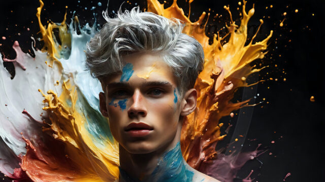 AI-generated abstract art images, featuring sexy, handsome, shirtless men, boys, lads, controlling colorful liquid water. A full-body photograph of a handsome young man with a strong muscular physique, and beautiful eyes. He starts to create a powerful and dynamic swirling vortex of rainbow colored liquid water. The vibrant and colorful water erupts and cascades forward. The fluid is dynamic, multiplying rapidly, and begins to dance in the air. The man, with a playful smile, interacts with the swirling fluids, his hands reaching out to manipulate the circular motion. The scene has a surreal, otherworldly feel, with a dreamlike atmosphere created by volumetric lighting, dramatic shadows, and an impossible color palette.