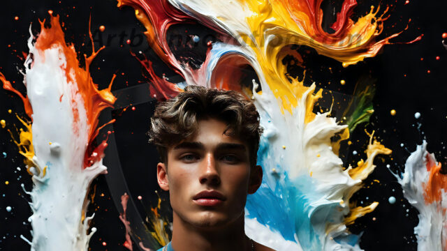 AI-generated abstract art images, featuring sexy, handsome, shirtless men, boys, lads, controlling colorful liquid water. A full-body photograph of a handsome young man with a strong muscular physique, and beautiful eyes. He starts to create a powerful and dynamic swirling vortex of rainbow colored liquid water. The vibrant and colorful water erupts and cascades forward. The fluid is dynamic, multiplying rapidly, and begins to dance in the air. The man, with a playful smile, interacts with the swirling fluids, his hands reaching out to manipulate the circular motion. The scene has a surreal, otherworldly feel, with a dreamlike atmosphere created by volumetric lighting, dramatic shadows, and an impossible color palette.