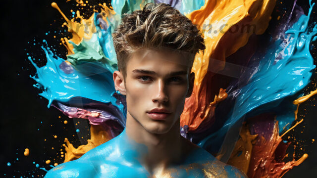 AI-generated abstract art images, featuring sexy, handsome, shirtless men, boys, lads, controlling colorful liquid water. A full-body photograph of a handsome young man with a strong muscular physique, and beautiful eyes. He starts to create a powerful and dynamic swirling vortex of rainbow colored liquid water. The vibrant and colorful water erupts and cascades forward. The fluid is dynamic, multiplying rapidly, and begins to dance in the air. The man, with a playful smile, interacts with the swirling fluids, his hands reaching out to manipulate the circular motion. The scene has a surreal, otherworldly feel, with a dreamlike atmosphere created by volumetric lighting, dramatic shadows, and an impossible color palette.