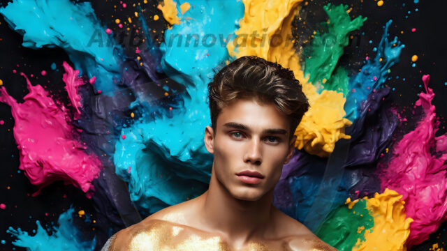 AI-generated abstract art images, featuring sexy, handsome, shirtless men, boys, lads, controlling colorful liquid water. A full-body photograph of a handsome young man with a strong muscular physique, and beautiful eyes. He starts to create a powerful and dynamic swirling vortex of rainbow colored liquid water. The vibrant and colorful water erupts and cascades forward. The fluid is dynamic, multiplying rapidly, and begins to dance in the air. The man, with a playful smile, interacts with the swirling fluids, his hands reaching out to manipulate the circular motion. The scene has a surreal, otherworldly feel, with a dreamlike atmosphere created by volumetric lighting, dramatic shadows, and an impossible color palette.