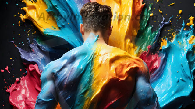 AI-generated abstract art images, featuring sexy, handsome, shirtless men, boys, lads, controlling colorful liquid water. A full-body photograph of a handsome young man with a strong muscular physique, and beautiful eyes. He starts to create a powerful and dynamic swirling vortex of rainbow colored liquid water. The vibrant and colorful water erupts and cascades forward. The fluid is dynamic, multiplying rapidly, and begins to dance in the air. The man, with a playful smile, interacts with the swirling fluids, his hands reaching out to manipulate the circular motion. The scene has a surreal, otherworldly feel, with a dreamlike atmosphere created by volumetric lighting, dramatic shadows, and an impossible color palette.