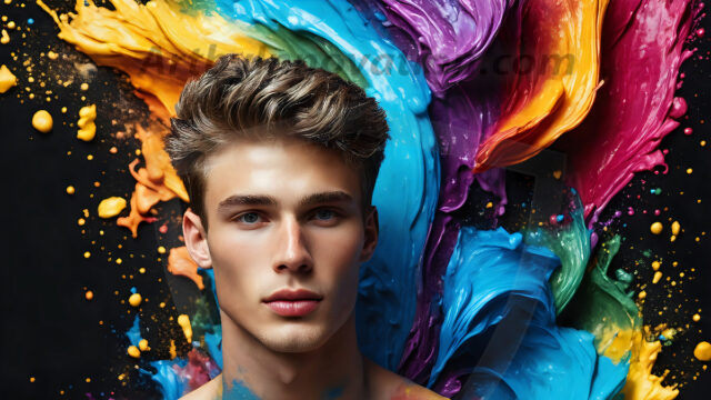 AI-generated abstract art images, featuring sexy, handsome, shirtless men, boys, lads, controlling colorful liquid water. A full-body photograph of a handsome young man with a strong muscular physique, and beautiful eyes. He starts to create a powerful and dynamic swirling vortex of rainbow colored liquid water. The vibrant and colorful water erupts and cascades forward. The fluid is dynamic, multiplying rapidly, and begins to dance in the air. The man, with a playful smile, interacts with the swirling fluids, his hands reaching out to manipulate the circular motion. The scene has a surreal, otherworldly feel, with a dreamlike atmosphere created by volumetric lighting, dramatic shadows, and an impossible color palette.