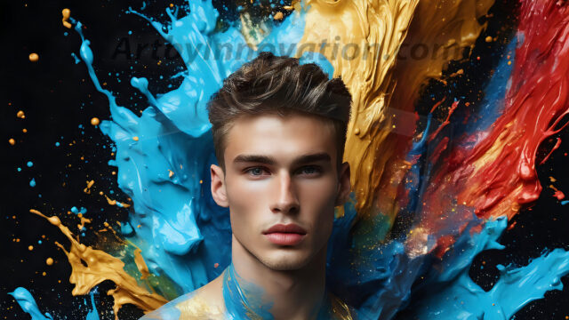 AI-generated abstract art images, featuring sexy, handsome, shirtless men, boys, lads, controlling colorful liquid water. A full-body photograph of a handsome young man with a strong muscular physique, and beautiful eyes. He starts to create a powerful and dynamic swirling vortex of rainbow colored liquid water. The vibrant and colorful water erupts and cascades forward. The fluid is dynamic, multiplying rapidly, and begins to dance in the air. The man, with a playful smile, interacts with the swirling fluids, his hands reaching out to manipulate the circular motion. The scene has a surreal, otherworldly feel, with a dreamlike atmosphere created by volumetric lighting, dramatic shadows, and an impossible color palette.