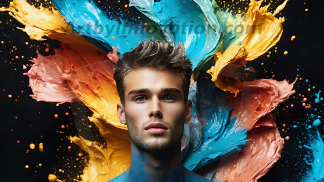 AI-generated abstract art images, featuring sexy, handsome, shirtless men, boys, lads, controlling colorful liquid water. A full-body photograph of a handsome young man with a strong muscular physique, and beautiful eyes. He starts to create a powerful and dynamic swirling vortex of rainbow colored liquid water. The vibrant and colorful water erupts and cascades forward. The fluid is dynamic, multiplying rapidly, and begins to dance in the air. The man, with a playful smile, interacts with the swirling fluids, his hands reaching out to manipulate the circular motion. The scene has a surreal, otherworldly feel, with a dreamlike atmosphere created by volumetric lighting, dramatic shadows, and an impossible color palette.