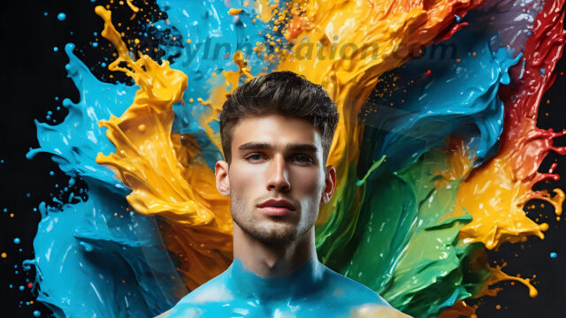 AI-generated abstract art images, featuring sexy, handsome, shirtless men, boys, lads, controlling colorful liquid water. A full-body photograph of a handsome young man with a strong muscular physique, and beautiful eyes. He starts to create a powerful and dynamic swirling vortex of rainbow colored liquid water. The vibrant and colorful water erupts and cascades forward. The fluid is dynamic, multiplying rapidly, and begins to dance in the air. The man, with a playful smile, interacts with the swirling fluids, his hands reaching out to manipulate the circular motion. The scene has a surreal, otherworldly feel, with a dreamlike atmosphere created by volumetric lighting, dramatic shadows, and an impossible color palette.