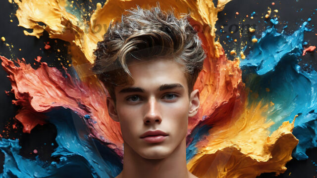 AI-generated abstract art images, featuring sexy, handsome, shirtless men, boys, lads, controlling colorful liquid water. A full-body photograph of a handsome young man with a strong muscular physique, and beautiful eyes. He starts to create a powerful and dynamic swirling vortex of rainbow colored liquid water. The vibrant and colorful water erupts and cascades forward. The fluid is dynamic, multiplying rapidly, and begins to dance in the air. The man, with a playful smile, interacts with the swirling fluids, his hands reaching out to manipulate the circular motion. The scene has a surreal, otherworldly feel, with a dreamlike atmosphere created by volumetric lighting, dramatic shadows, and an impossible color palette.
