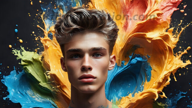 AI-generated abstract art images, featuring sexy, handsome, shirtless men, boys, lads, controlling colorful liquid water. A full-body photograph of a handsome young man with a strong muscular physique, and beautiful eyes. He starts to create a powerful and dynamic swirling vortex of rainbow colored liquid water. The vibrant and colorful water erupts and cascades forward. The fluid is dynamic, multiplying rapidly, and begins to dance in the air. The man, with a playful smile, interacts with the swirling fluids, his hands reaching out to manipulate the circular motion. The scene has a surreal, otherworldly feel, with a dreamlike atmosphere created by volumetric lighting, dramatic shadows, and an impossible color palette.