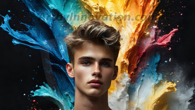 AI-generated abstract art images, featuring sexy, handsome, shirtless men, boys, lads, controlling colorful liquid water. A full-body photograph of a handsome young man with a strong muscular physique, and beautiful eyes. He starts to create a powerful and dynamic swirling vortex of rainbow colored liquid water. The vibrant and colorful water erupts and cascades forward. The fluid is dynamic, multiplying rapidly, and begins to dance in the air. The man, with a playful smile, interacts with the swirling fluids, his hands reaching out to manipulate the circular motion. The scene has a surreal, otherworldly feel, with a dreamlike atmosphere created by volumetric lighting, dramatic shadows, and an impossible color palette.