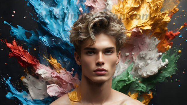 AI-generated abstract art images, featuring sexy, handsome, shirtless men, boys, lads, controlling colorful liquid water. A full-body photograph of a handsome young man with a strong muscular physique, and beautiful eyes. He starts to create a powerful and dynamic swirling vortex of rainbow colored liquid water. The vibrant and colorful water erupts and cascades forward. The fluid is dynamic, multiplying rapidly, and begins to dance in the air. The man, with a playful smile, interacts with the swirling fluids, his hands reaching out to manipulate the circular motion. The scene has a surreal, otherworldly feel, with a dreamlike atmosphere created by volumetric lighting, dramatic shadows, and an impossible color palette.