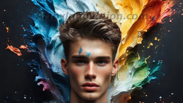 AI-generated abstract art images, featuring sexy, handsome, shirtless men, boys, lads, controlling colorful liquid water. A full-body photograph of a handsome young man with a strong muscular physique, and beautiful eyes. He starts to create a powerful and dynamic swirling vortex of rainbow colored liquid water. The vibrant and colorful water erupts and cascades forward. The fluid is dynamic, multiplying rapidly, and begins to dance in the air. The man, with a playful smile, interacts with the swirling fluids, his hands reaching out to manipulate the circular motion. The scene has a surreal, otherworldly feel, with a dreamlike atmosphere created by volumetric lighting, dramatic shadows, and an impossible color palette.