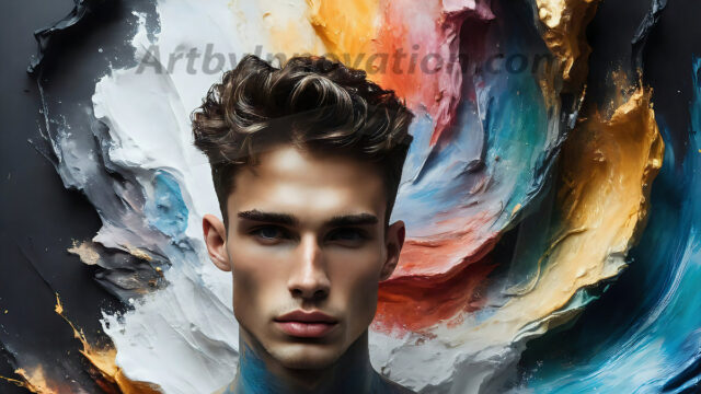 AI-generated abstract art images, featuring sexy, handsome, shirtless men, boys, lads, controlling colorful liquid water. A full-body photograph of a handsome young man with a strong muscular physique, and beautiful eyes. He starts to create a powerful and dynamic swirling vortex of rainbow colored liquid water. The vibrant and colorful water erupts and cascades forward. The fluid is dynamic, multiplying rapidly, and begins to dance in the air. The man, with a playful smile, interacts with the swirling fluids, his hands reaching out to manipulate the circular motion. The scene has a surreal, otherworldly feel, with a dreamlike atmosphere created by volumetric lighting, dramatic shadows, and an impossible color palette.