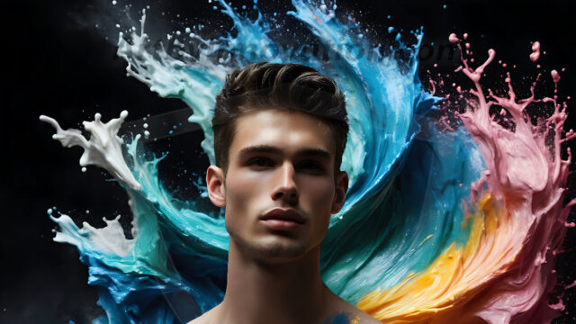 AI-generated abstract art images, featuring sexy, handsome, shirtless men, boys, lads, controlling colorful liquid water. A full-body photograph of a handsome young man with a strong muscular physique, and beautiful eyes. He starts to create a powerful and dynamic swirling vortex of rainbow colored liquid water. The vibrant and colorful water erupts and cascades forward. The fluid is dynamic, multiplying rapidly, and begins to dance in the air. The man, with a playful smile, interacts with the swirling fluids, his hands reaching out to manipulate the circular motion. The scene has a surreal, otherworldly feel, with a dreamlike atmosphere created by volumetric lighting, dramatic shadows, and an impossible color palette.