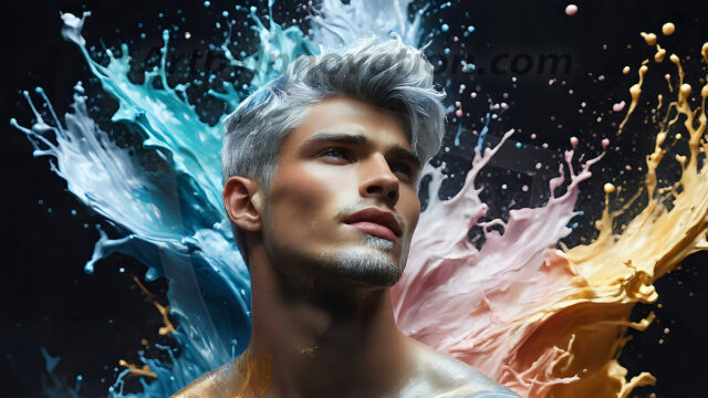 AI-generated abstract art images, featuring sexy, handsome, shirtless men, boys, lads, controlling colorful liquid water. A full-body photograph of a handsome young man with a strong muscular physique, and beautiful eyes. He starts to create a powerful and dynamic swirling vortex of rainbow colored liquid water. The vibrant and colorful water erupts and cascades forward. The fluid is dynamic, multiplying rapidly, and begins to dance in the air. The man, with a playful smile, interacts with the swirling fluids, his hands reaching out to manipulate the circular motion. The scene has a surreal, otherworldly feel, with a dreamlike atmosphere created by volumetric lighting, dramatic shadows, and an impossible color palette.